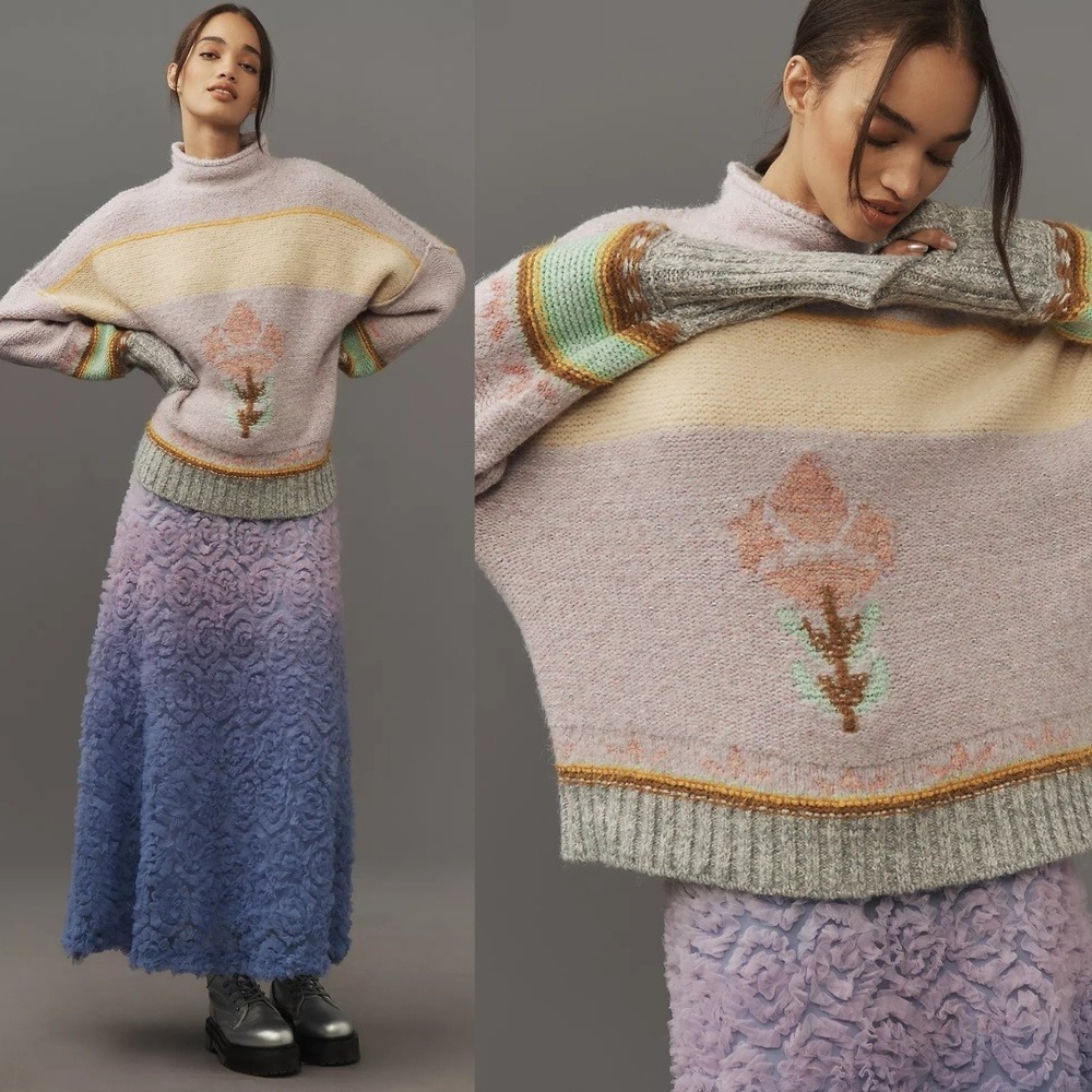 Anthropologie Sweater Mock Neck Flower Embroidered Lavender Knit Sweater M